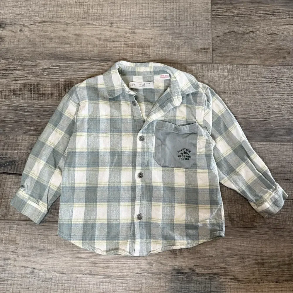 Zara Kids Flannel Blue 3T Long Sleeve Boys Fleece Plaid 2-3 Years Toddler